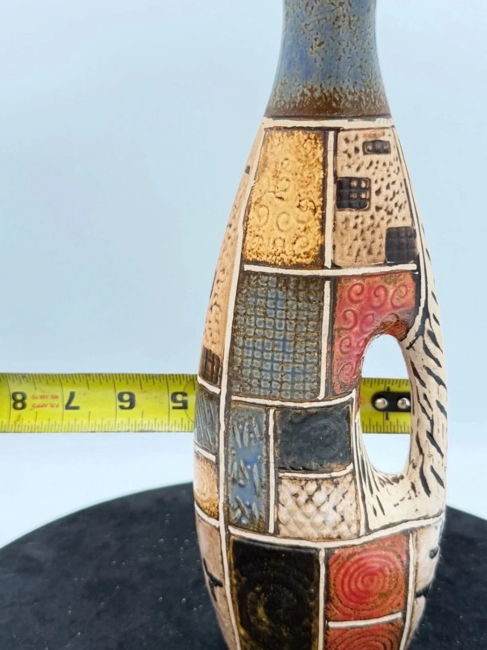 Vintage Mid Century Modern Studio Pottery Handled Vase Geometric 12” Ceramic